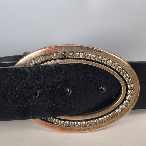 FIRENZE Belt Size 32 Black Leather Made Italy Horseshoe Buckle Rhinestones - Picture 3 of 11